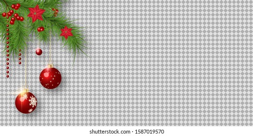 Christmas and New Year vector illustration. Fir tree branches corner with winter decor on transparent background