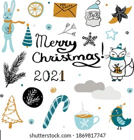 Ilustración vectorial de Navidad y año nuevo. Colección de invierno con Santa Claus, zorro, hilos, caña de caramelo, copo de nieve, árboles de navidad, letras de pájaro. Para banners, menú de tarjetas.  Año Nuevo 2021.