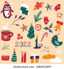 Christmas and new year vector illustration. Winter collection with candle, penguin, Christmas tree, bird, gift, snowflake, cane. Hand lettering. For banners, posters, cards.  New Year 2023