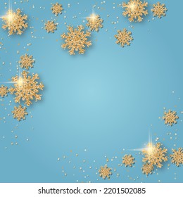 Christmas and New Year vector illustration. Light blue background with elegant golden snowflakes and stars