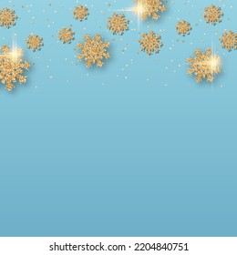 Christmas and New Year vector illustration. Light blue background with elegant golden snowflakes and stars