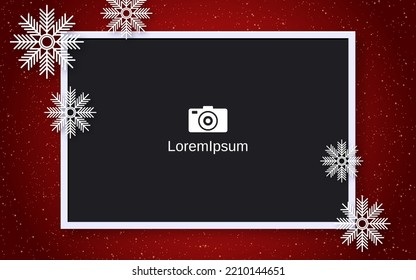 Ilustración vectorial de Navidad y Año Nuevo. Fondo rojo con marco fotográfico vacío y copos de nieve con dibujos animados blancos
