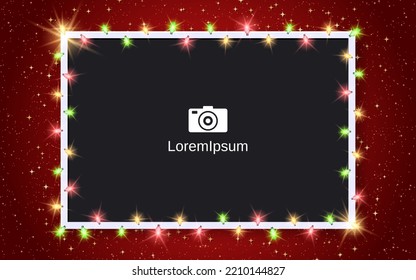 Christmas and New Year vector illustration. Red background with empty photo frame and colorful lights