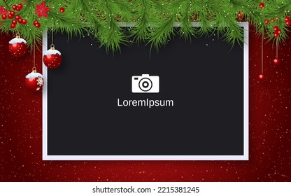 Christmas and New Year vector illustration. Red background with empty photo frame and winter decor