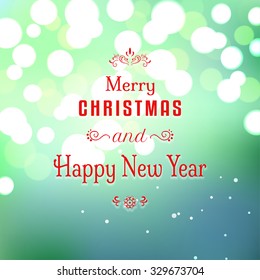Christmas and New Year vector illustration with blurred lights. Blue multicolored background with bokeh effect. 