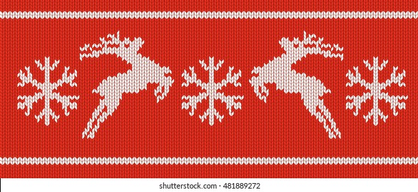 Christmas and New Year vector illustration with flying reindeer Santa Claus and snowflakes, stylized knitted texture