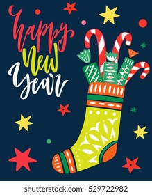 Christmas and New year vector illustration with hand drawn elements. Sock with gifts. Perfect for holiday season greeting card, poster, banner design. Cute colorful trendy style.