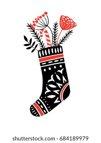 Christmas and New year vector illustration with hand drawn elements. Sock with gifts and florals. Perfect for holiday season greeting card, poster, banner design. Cute graphic trendy style.