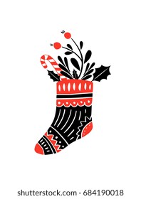 Christmas and New year vector illustration with hand drawn elements. Sock with gifts and florals. Perfect for holiday season greeting card, poster, banner design. Cute graphic trendy style.