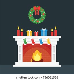 Christmas or New Year Vector Illustration with Fireplace, Gifts and Green Wreath