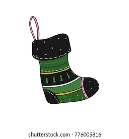Christmas and New year vector illustration with hand drawn sock.  Perfect for holiday season greeting card, poster, banner design. 
