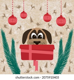 Christmas Or New Year Vector Image With Gift Box, Dog And Beautiful Abstract Background
