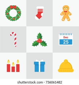 Christmas and New Year Vector Isolate Elements Set (Green Wreath, Christmas Stocking, Gingerbread Man, Candy Cane, Holly, Calendar, Candles, Gift, Winter Hat)  