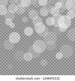 Christmas and New Year vector isolated bokeh lights on dark background. Snowflake sparkles transparent decoration effect. Vector snow pattern. Magic bokeh defocused texture  backdrop illustration