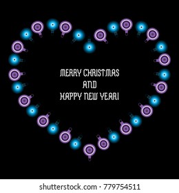 Christmas and new year vector luxury greeting card with christmas glowing balls shaping heart on black background