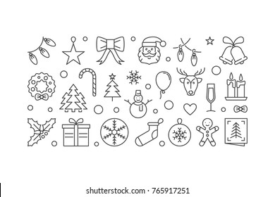 Christmas and New Year vector outline illustration or horizontal banner on white background