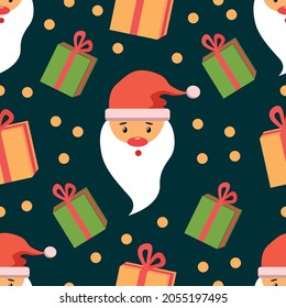 Christmas and New Year vector pattern on dark background. Hand drawn vector seamless texture with santa claus and gift box. Cute holiday seamless pattern