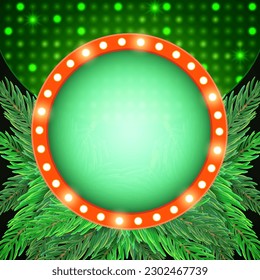 Christmas and New Year vector red round shine banner with green mosaic background and fir tree branches