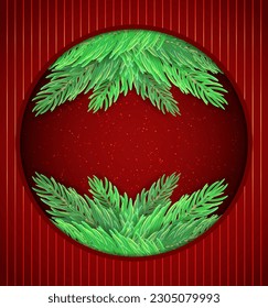 Christmas and New Year vector red background with fir tree branches for design