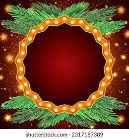 Christmas and New Year vector red background with sparkle shining banner, fir tree branches and stars for design