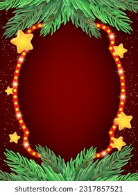 Christmas and New Year vector red background with sparkle shining banner, fir tree branches and stars for design