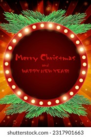 Christmas and New Year vector red background with sparkle shining round banner, fir tree branches and stars for design