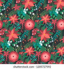 Christmas and New year vector seamless pattern with branches, berries and flowers. Endless floral background for wrap paper or fabric design.