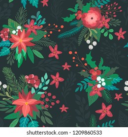 Christmas and New year vector seamless pattern with branches, berries and flowers. Endless floral background for wrap paper or fabric design