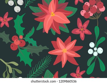 Christmas and New year vector seamless pattern with branches, berries and flowers. Endless floral background for wrap paper or fabric design.