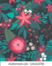 Christmas and New year vector seamless pattern with branches, berries and flowers. Endless floral background for wrap paper or fabric design.