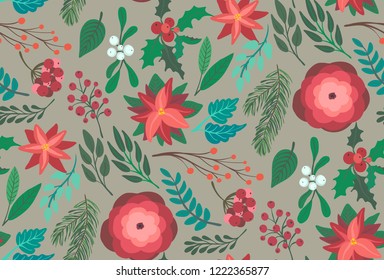 Christmas and New year vector seamless pattern with branches, berries and flowers. Endless floral background for wrap paper or fabric design.
