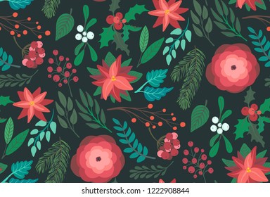 Christmas and New year vector seamless pattern with branches, berries and flowers. Endless floral background for wrap paper or fabric design.