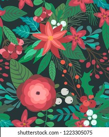 Christmas and New year vector seamless pattern with branches, berries and flowers. Endless floral background for wrap paper or fabric design