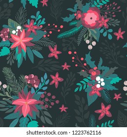 Christmas and New year vector seamless pattern with branches, berries and flowers. Endless floral background for wrap paper or fabric design.