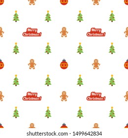 christmas and new year vector seamless pattern with color flat icons and merry christmas lettering on white background. repeating texture for packaging, pattern on paper, wrappers and textile