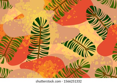 Christmas and New Year vector seamless pattern with green spruce in pink, red and yellow background