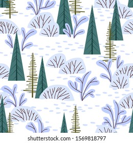 Christmas and New Year vector seamless pattern. Winter background with Christmas trees, bushes and footsteps in snow