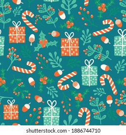 Christmas and New Year vector seamless background. Winter holiday season repeating pattern with flat doodle gift boxes, candy canes, mistletoes, presents, nuts. Scandinavian style. Xmas holidays items