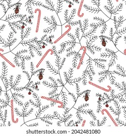 Christmas and New Year vector seamless pattern. Spruce branches decorated with Christmas balls and candy canes lollipops. For packaging and postcards