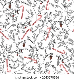 Christmas and New Year vector seamless pattern. Spruce branches decorated with Christmas balls and candy canes lollipops. For packaging and postcards