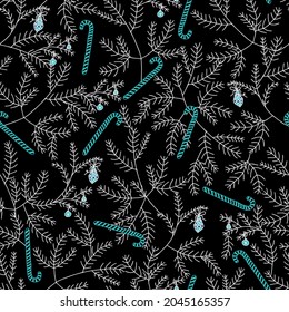 Christmas and New Year vector seamless pattern. Spruce branches decorated with Christmas balls and candy canes lollipops. For packaging and postcards