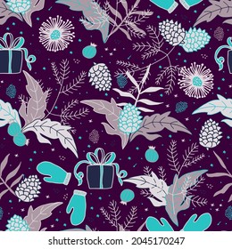 Christmas and New Year vector seamless pattern. Spruce branches, pine cones, poinsettia Christmas star leaves, holly holly berries, gifts and mittens. For packaging and postcards