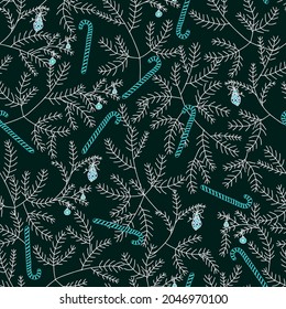 Christmas and New Year vector seamless pattern. Spruce branches decorated with Christmas balls and candy canes lollipops. For packaging and postcards
