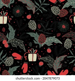 Christmas and New Year vector seamless pattern. Spruce branches, pine cones, poinsettia Christmas star leaves, holly holly berries, gifts and mittens. For packaging and postcards
