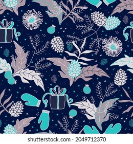 Christmas and New Year vector seamless pattern. Spruce branches, pine cones, poinsettia Christmas star leaves, holly holly berries, gifts and mittens. For packaging and postcards