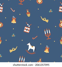 Christmas and New Year vector seamless pattern with hand drawn elements.