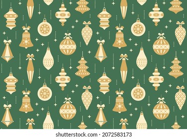 Vector de Navidad y Año Nuevo patrón sin fisuras en estilo retro. Ornamentos dorados vintage de Navidad en un fondo verde. Perfecto para envolver papel, tarjetas de felicitación y textiles.