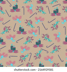 Christmas and New Year vector seamless pattern. Spruce branches decorated with Christmas candy canes lollipops. 