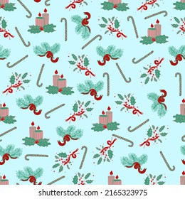 Christmas and New Year vector seamless pattern. Spruce branches decorated with Christmas candy canes lollipops. 