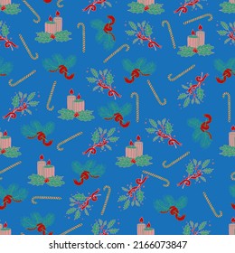 Christmas and New Year vector seamless pattern. Spruce branches decorated with Christmas candy canes lollipops. 